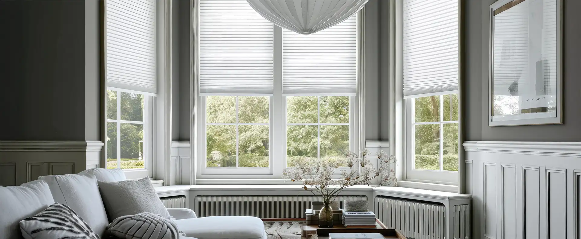 Elegant bay window fitted with white pleated blinds in a neutral-toned living room featuring soft grey walls, white wood panelling, and a modern pendant light.